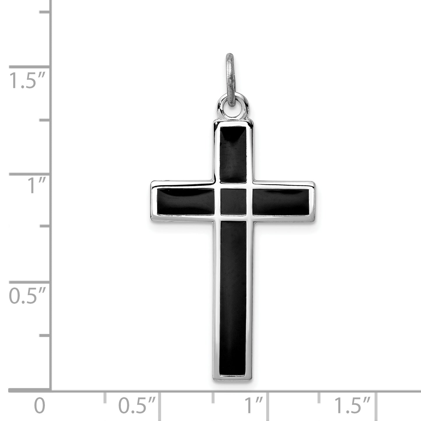 Sterling Silver Rhodium-Plated Brshed & Polished Enml Black Cross Pendant