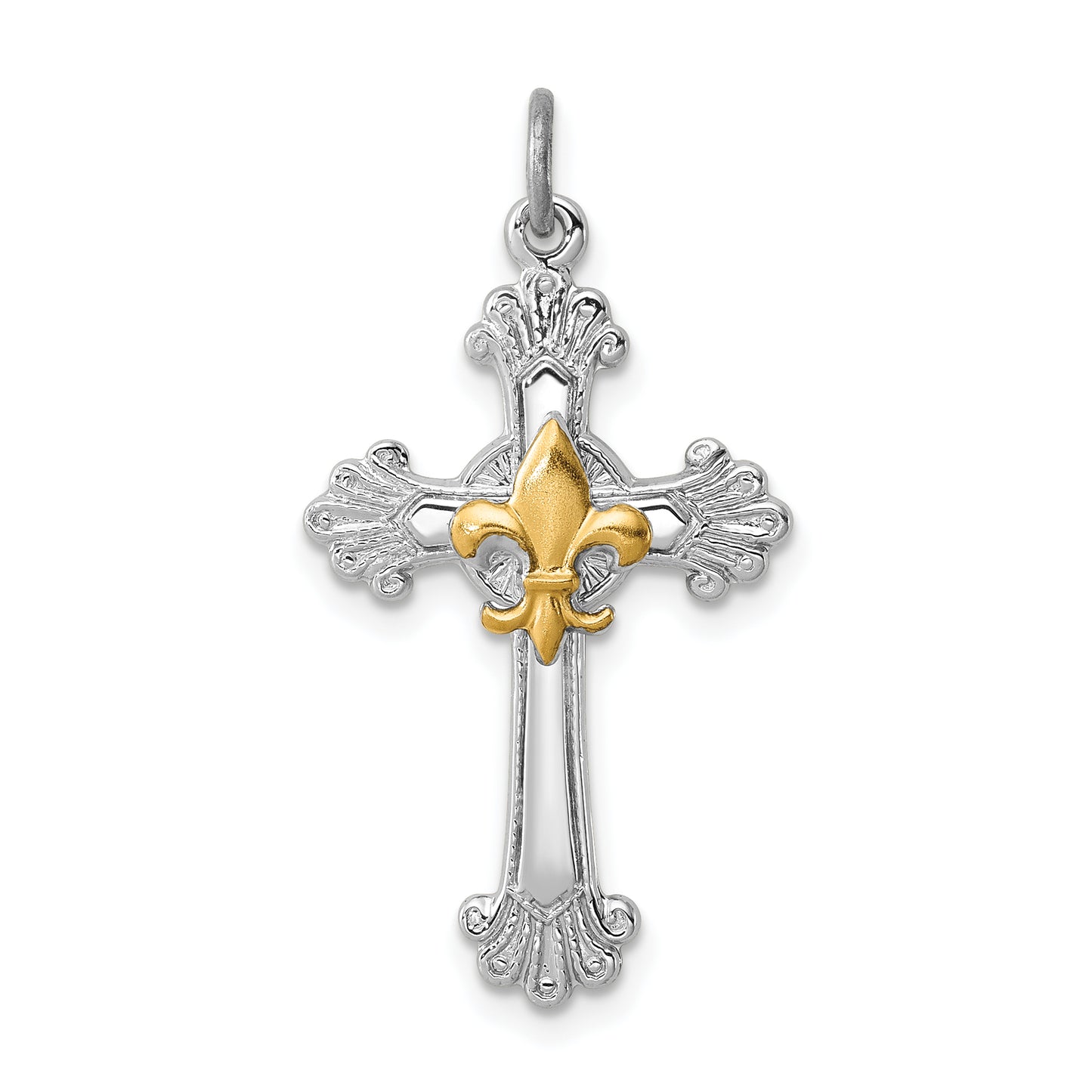 Sterling Silver Rhodium-Plated & Gold-Plated Cross Fleur De Lis Pendant