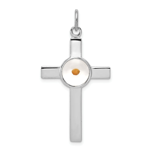 Sterling Silver Rhodium-Plated Polshd & Epxy Cross W/Mustard Seed Pendant