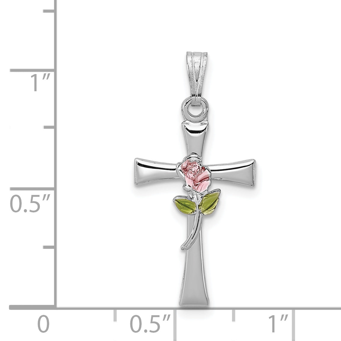 Sterling Silver Rhodium-Plated Cross With Epoxy Rose Center Pendant