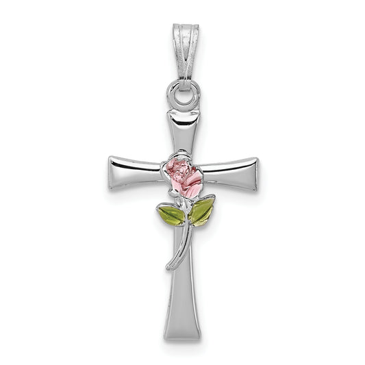 Sterling Silver Rhodium-Plated Cross With Epoxy Rose Center Pendant