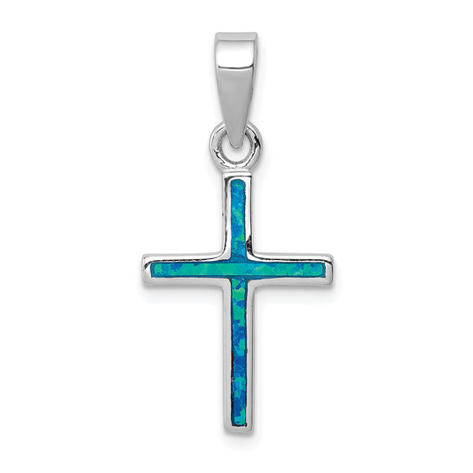 Sterling Silver Rhod-Plated Blue Inlay Created Opal Thin Cross Pendant