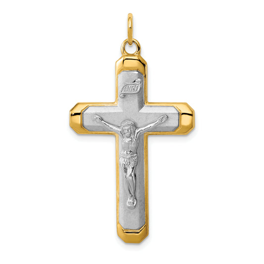 Sterling Silver Rhodium-Plated Satin/Polished Vermeil Corpus Cross Pendant