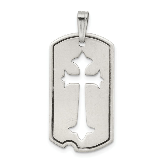 Sterling Silver Satin Antiqued Dog Tag With Cut Out Cross Pendant