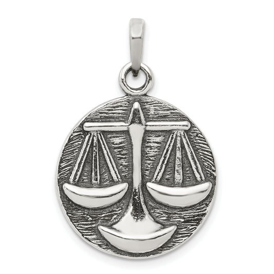 Sterling Silver Polished Antique Finish Libra Horoscope Zodiac Pendant