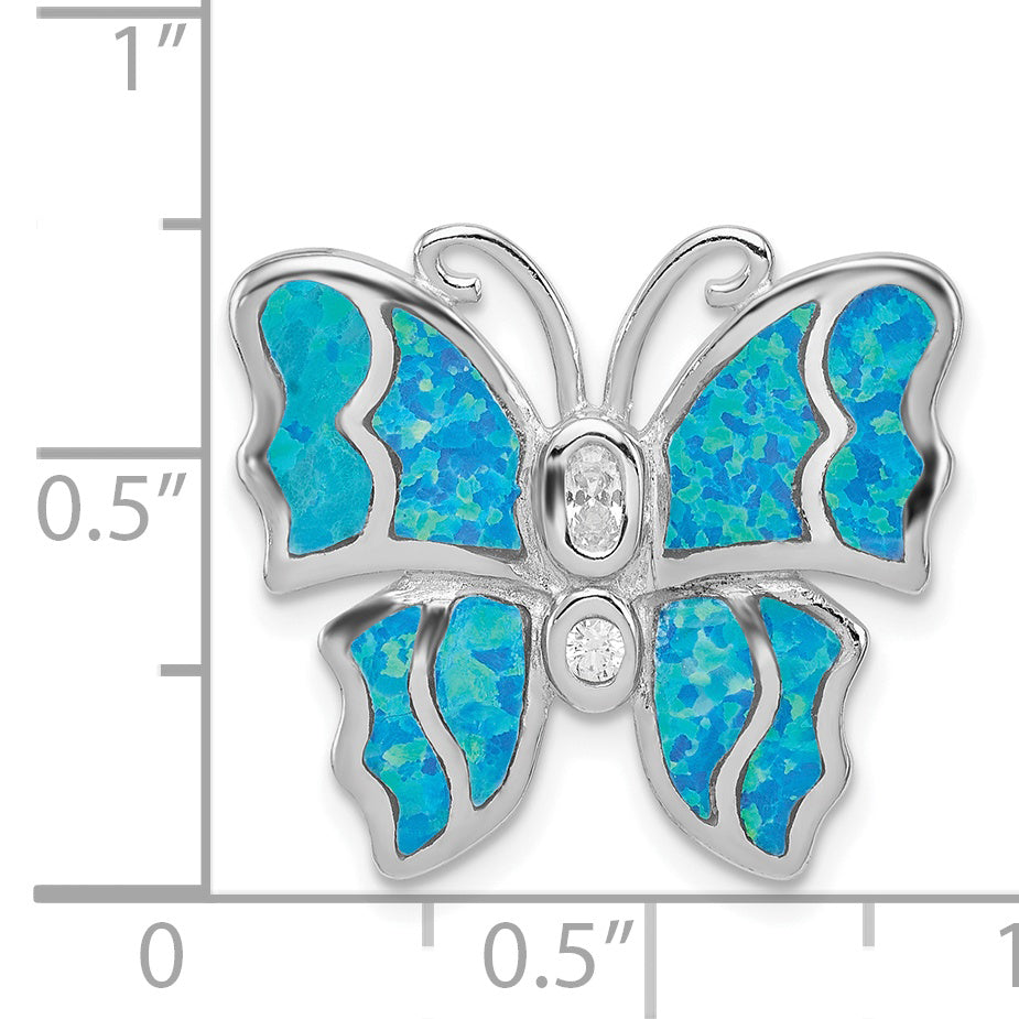 Sterling Silver Rhod Plated Blue Inlay Creat Opal Butterfly Pendant