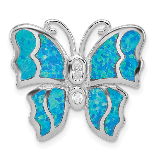 Sterling Silver Rhod Plated Blue Inlay Creat Opal Butterfly Pendant