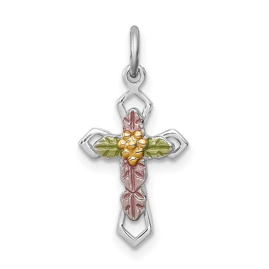 Sterling Silver Rhodium-Plated Polished Epoxy & Gold-Plated Cross Pendant