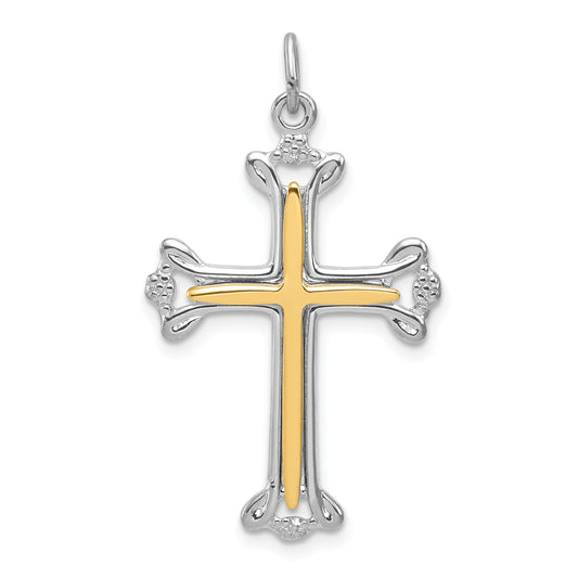 Sterling Silver Rhodium-Plated Polished Vermeil Budded Cross Pendant