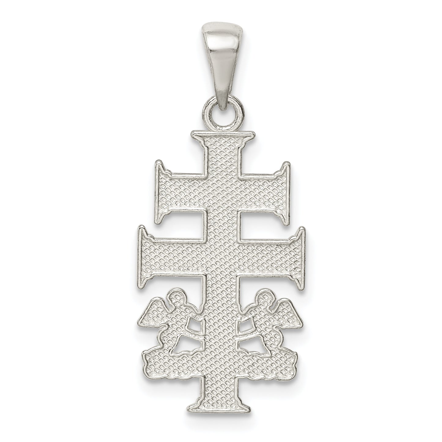 Sterling Silver Polished Caravaca Double Cross W/Angels Crucifix Pendant