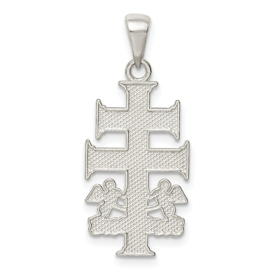 Sterling Silver Polished Caravaca Double Cross W/Angels Crucifix Pendant