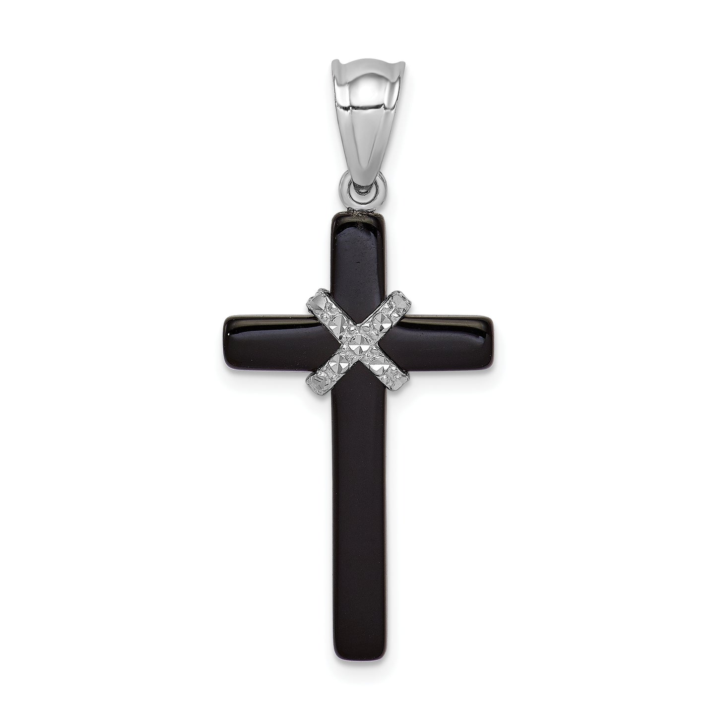 Sterling Silver Rhodium-Plated Onyx Cross Pendant