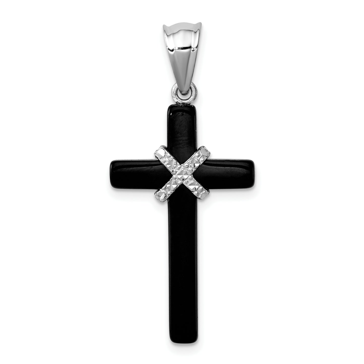 Sterling Silver Rhodium-Plated Onyx Cross Pendant