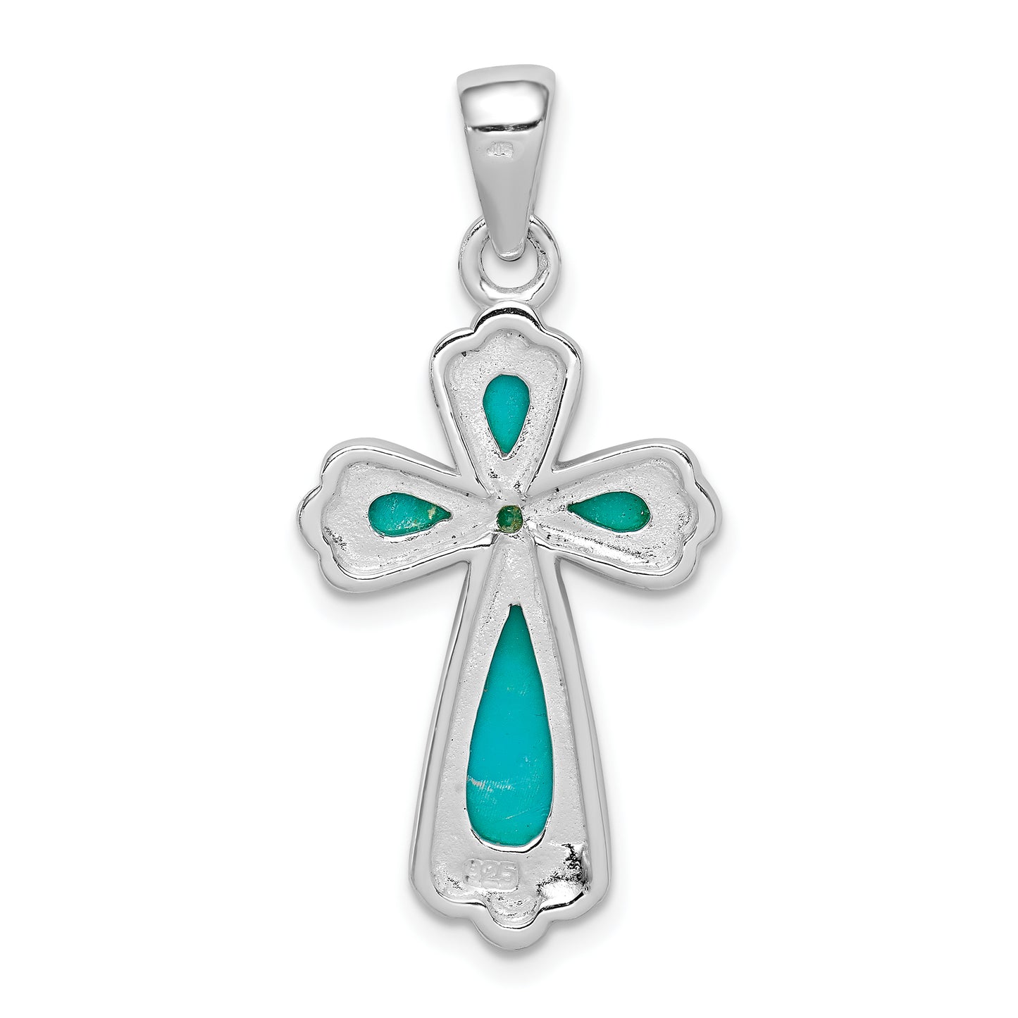 Sterling Silver Rhodium-Plated Polished Imitation Turquoise Cross Pendant