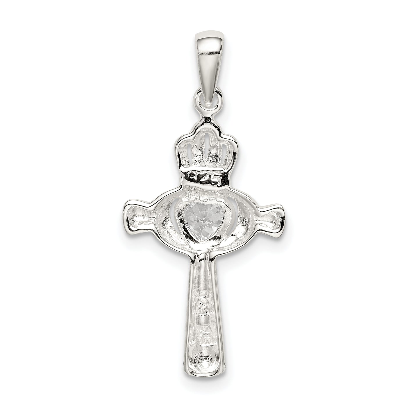 Sterling Silver Cz Heart Claddagh Cross Pendant