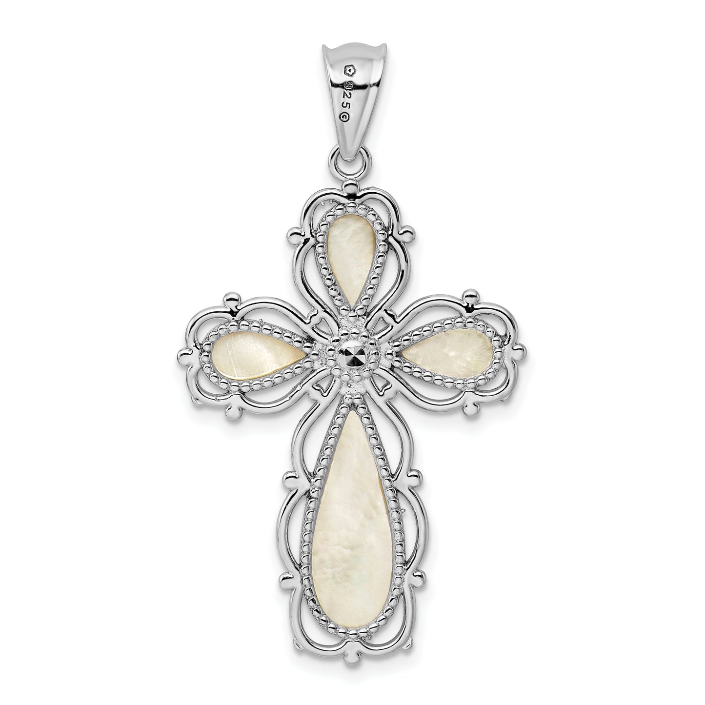 Sterling Silver Rhodium-Plated Mother Of Pearl Cross Pendant