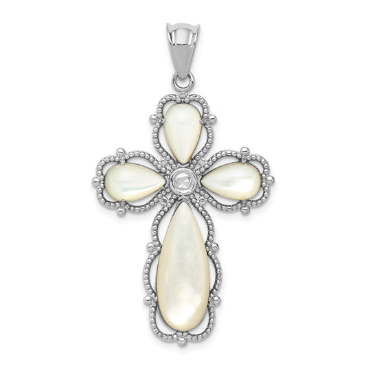 Sterling Silver Rhodium-Plated Mother Of Pearl Cross Pendant