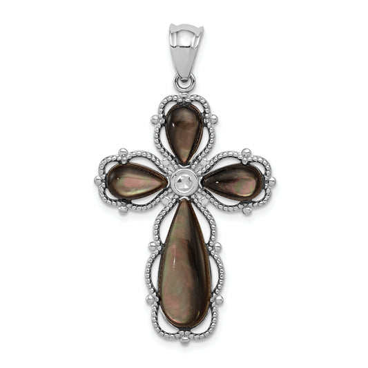 Sterling Silver Rhodium-Plated Black Mother Of Pearl Cross Pendant