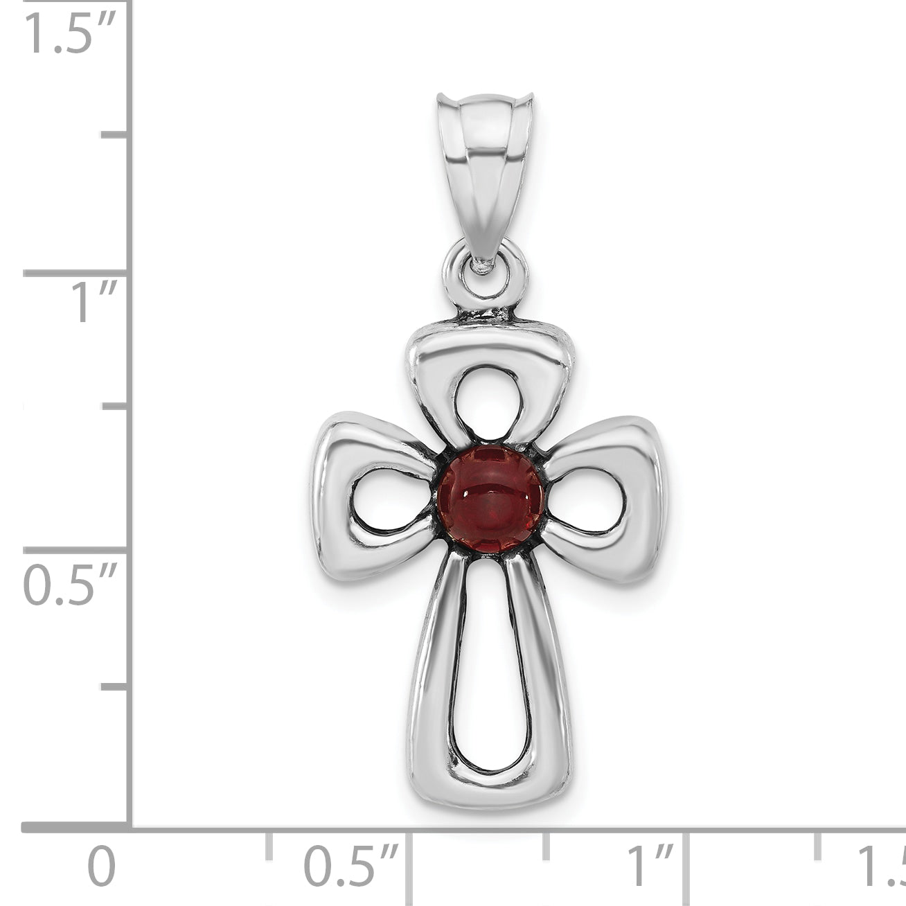 Sterling Silver Polished & Antiqued Red Glass Open Cross Pendant