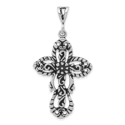 Sterling Silver Polished & Antiqued Floral Cut-Out Cross Pendant