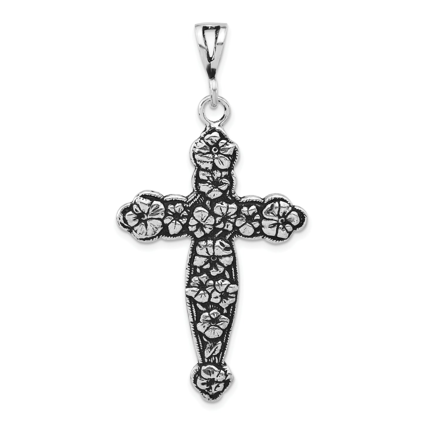 Sterling Silver Polished Antiqued & Textured Large Floral Cross Pendant