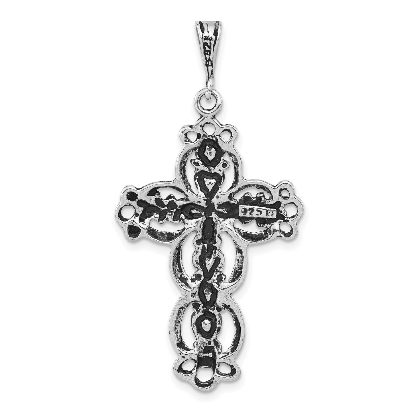 Sterling Silver Polished Antiqued & Textured Bow Bell Heart Cross Pendant