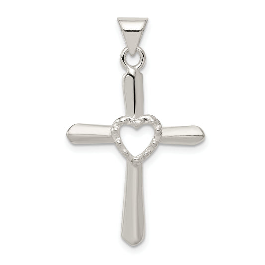 Sterling Silver Polished And Textured Cross W/ Heart Pendant