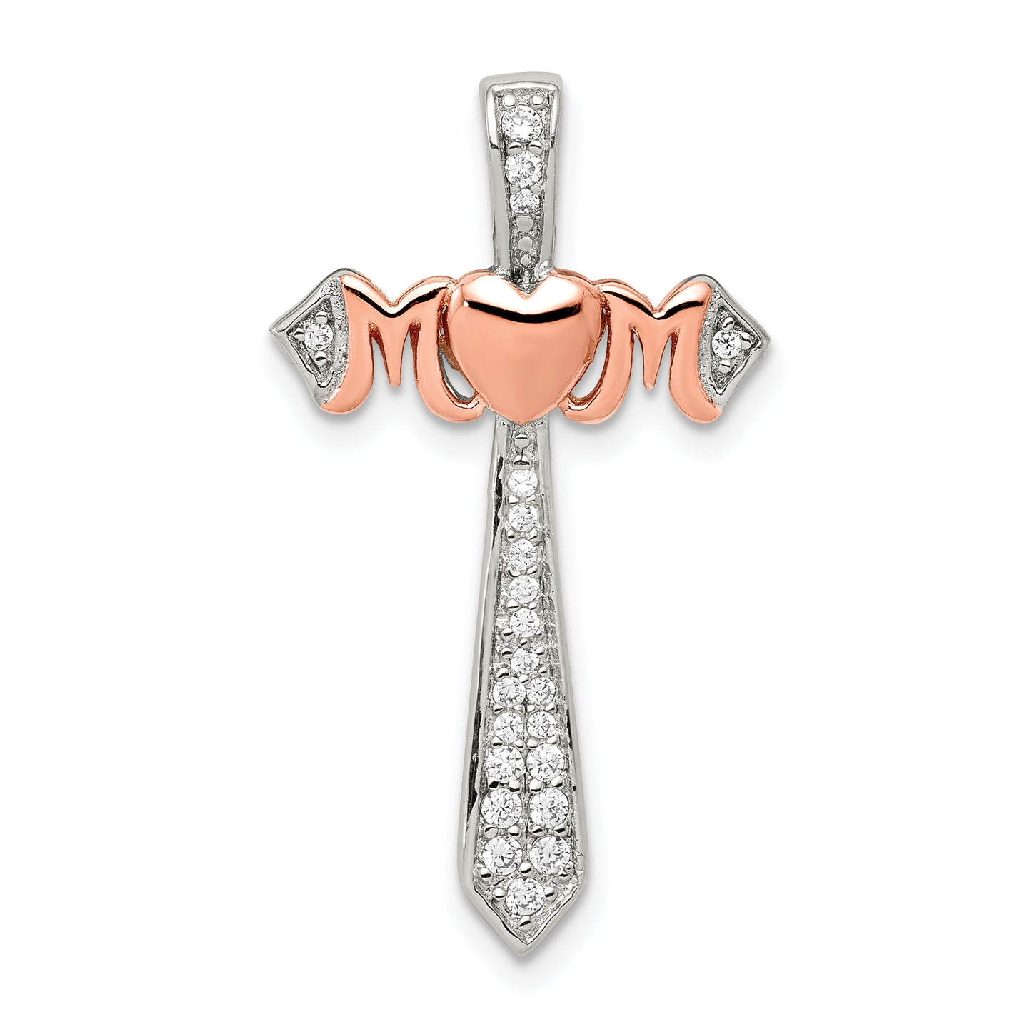 Sterling Silver Polished Rhodium & Rose Gold-Plated Mom Cz Cross Pendant