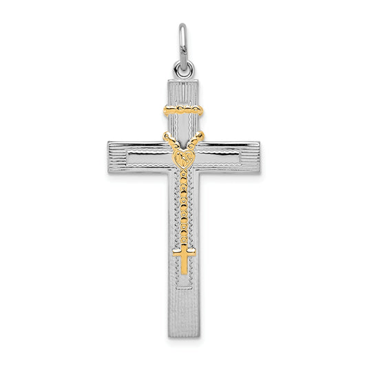 Sterling Silver Rhodium-Plated & Gold-Tone Rosary On Cross Pendant