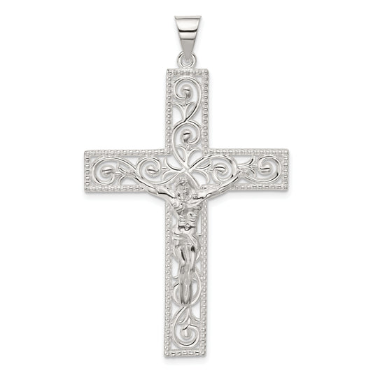 Sterling Silver Polished Beaded Filigree Crucifix Pendant