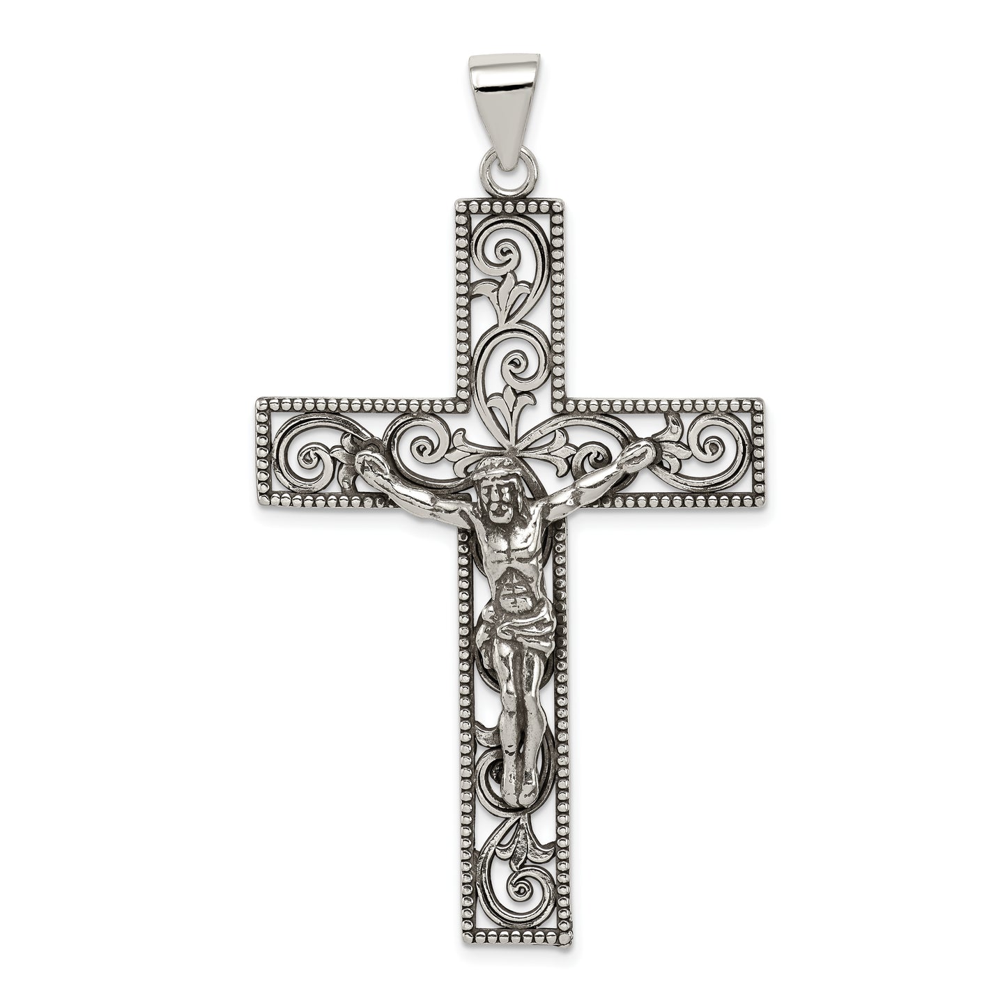 Sterling Silver Antiqued Beaded Filigree Crucifix Pendant