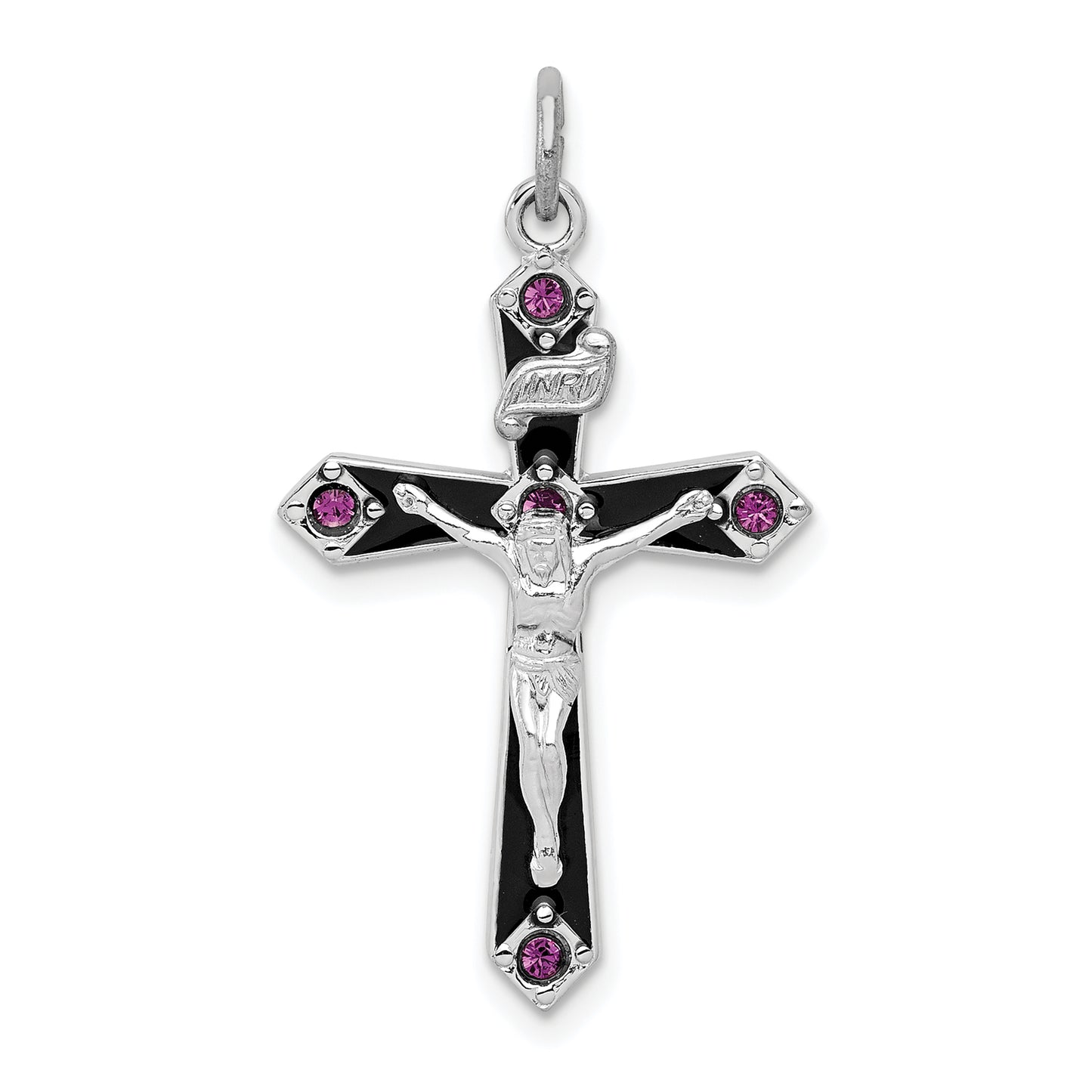 Sterling Silver Rhodium-Plated Black Epxy Purple Cz Inri Cross Pendant