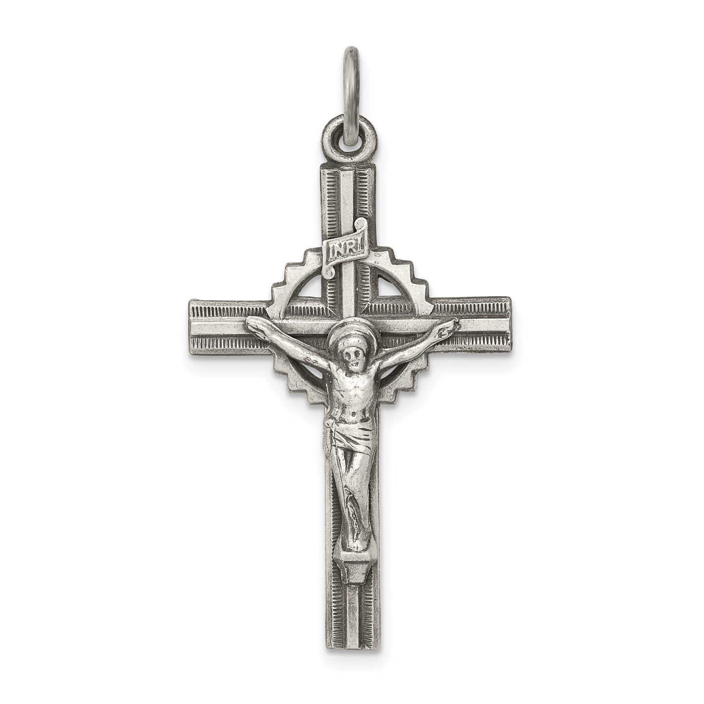 Sterling Silver Antiqued, Textured And Polished Inri Crucifix Pendant