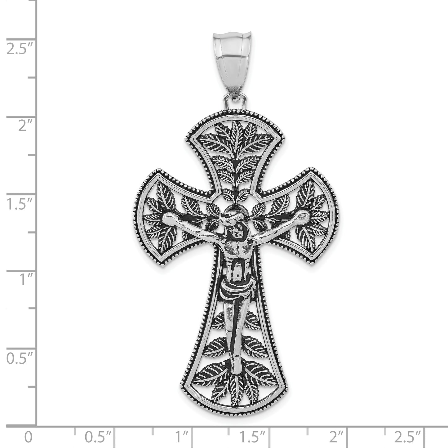 Sterling Silver Polished & Antiqued Large Leaf Crucifix Pendant