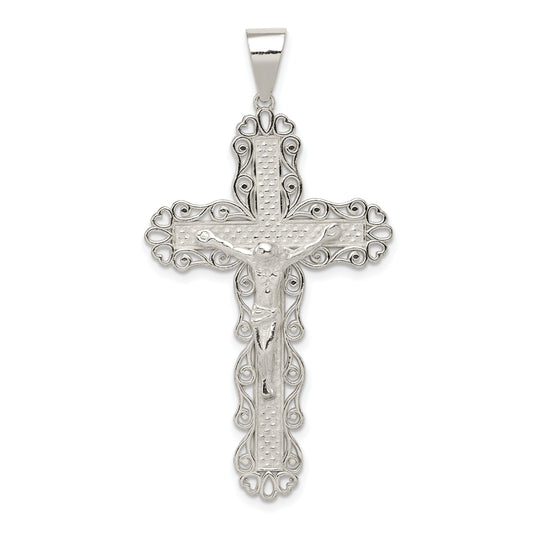 Sterling Silver Polished Filigree Cross Crucifix Pendant