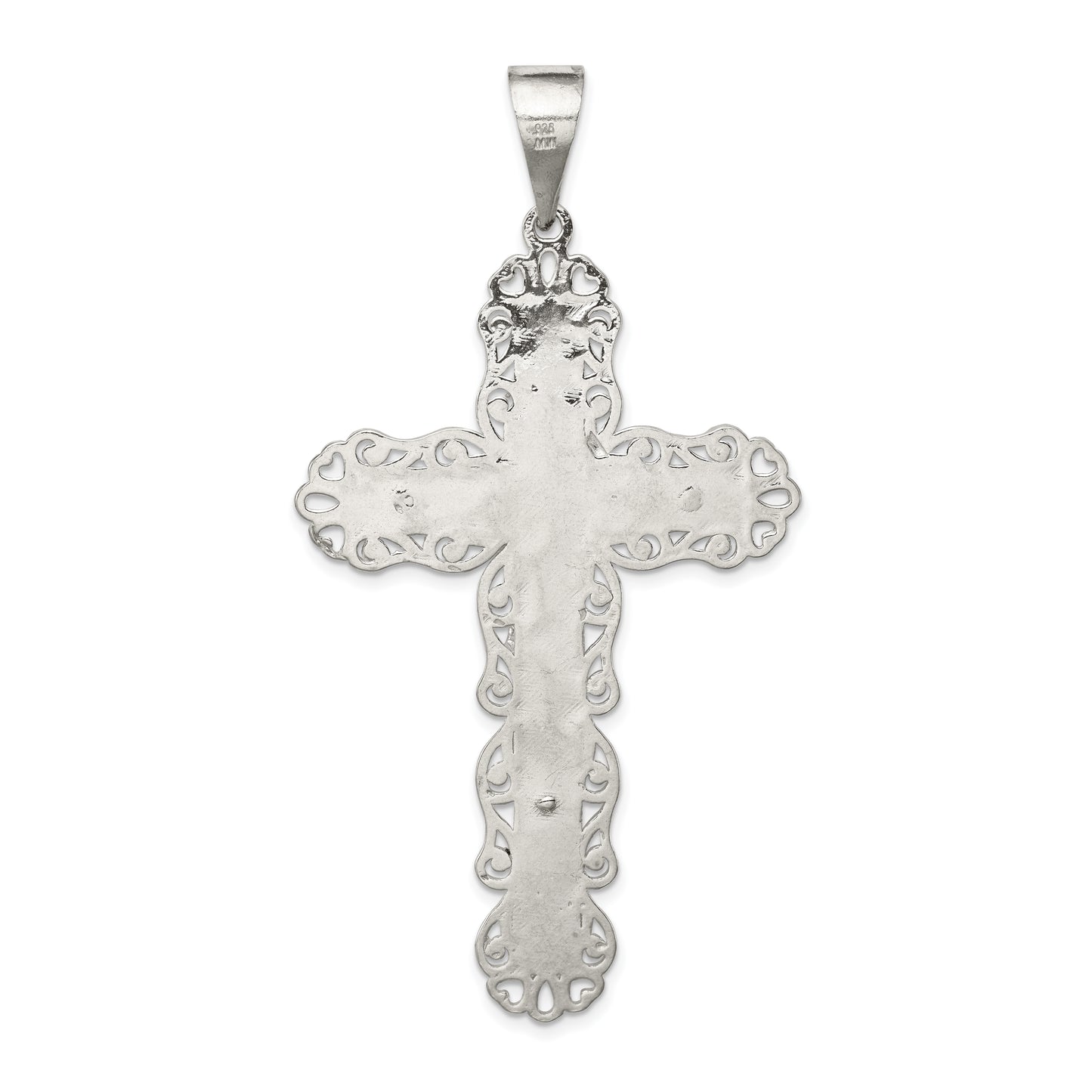 Sterling Silver Polished & Textured Large Floral Cross W/Jesus Pendant