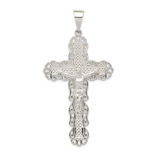 Sterling Silver Polished & Textured Large Floral Cross W/Jesus Pendant