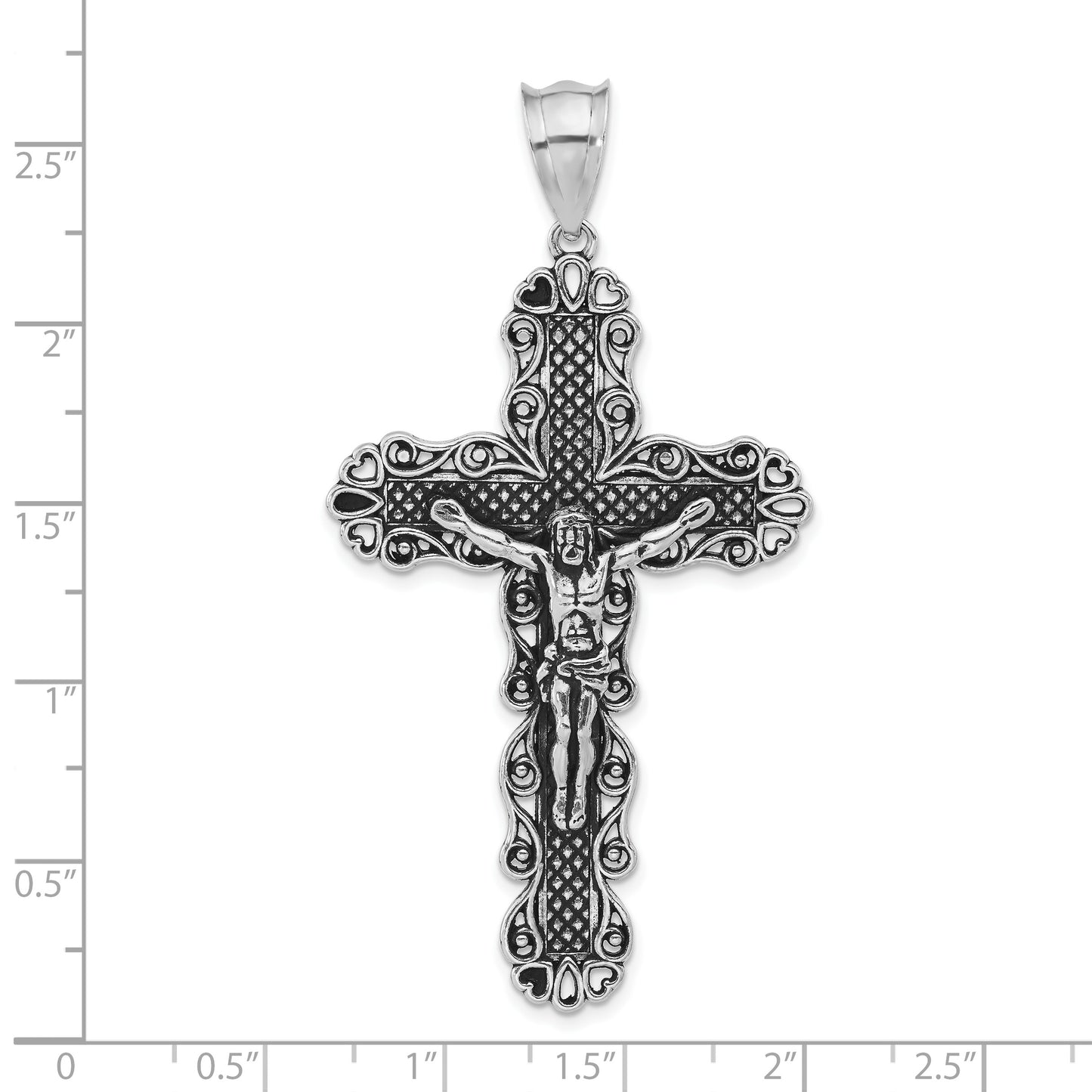 Sterling Silver Polished Antiqued & Textured Large Heart Crucifix Pendant