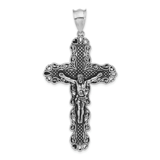 Sterling Silver Polished Antiqued & Textured Large Heart Crucifix Pendant