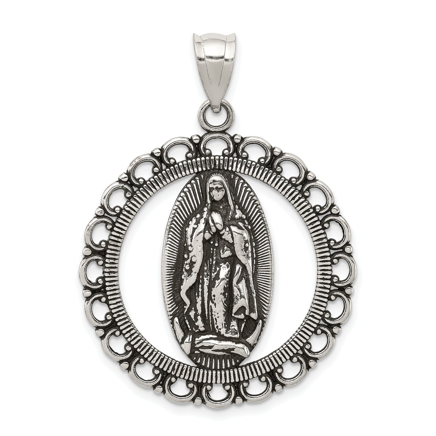 Sterling Silver Antiqued Religious Ruffled Circle Pendant