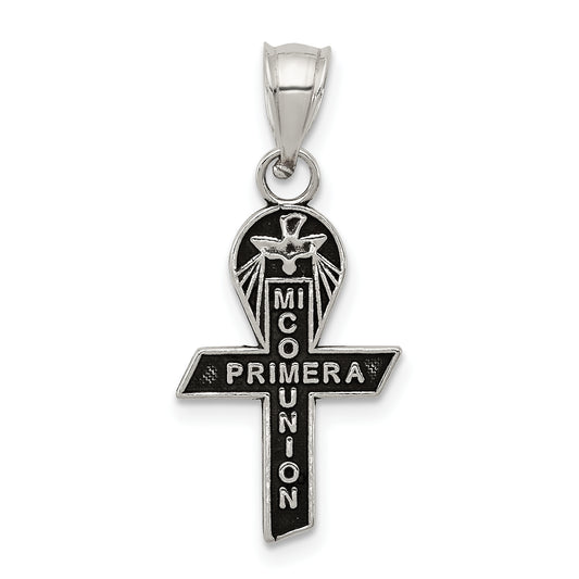 Sterling Silver Antiqued Mi Primera Communion Mini Ribbon Pendant