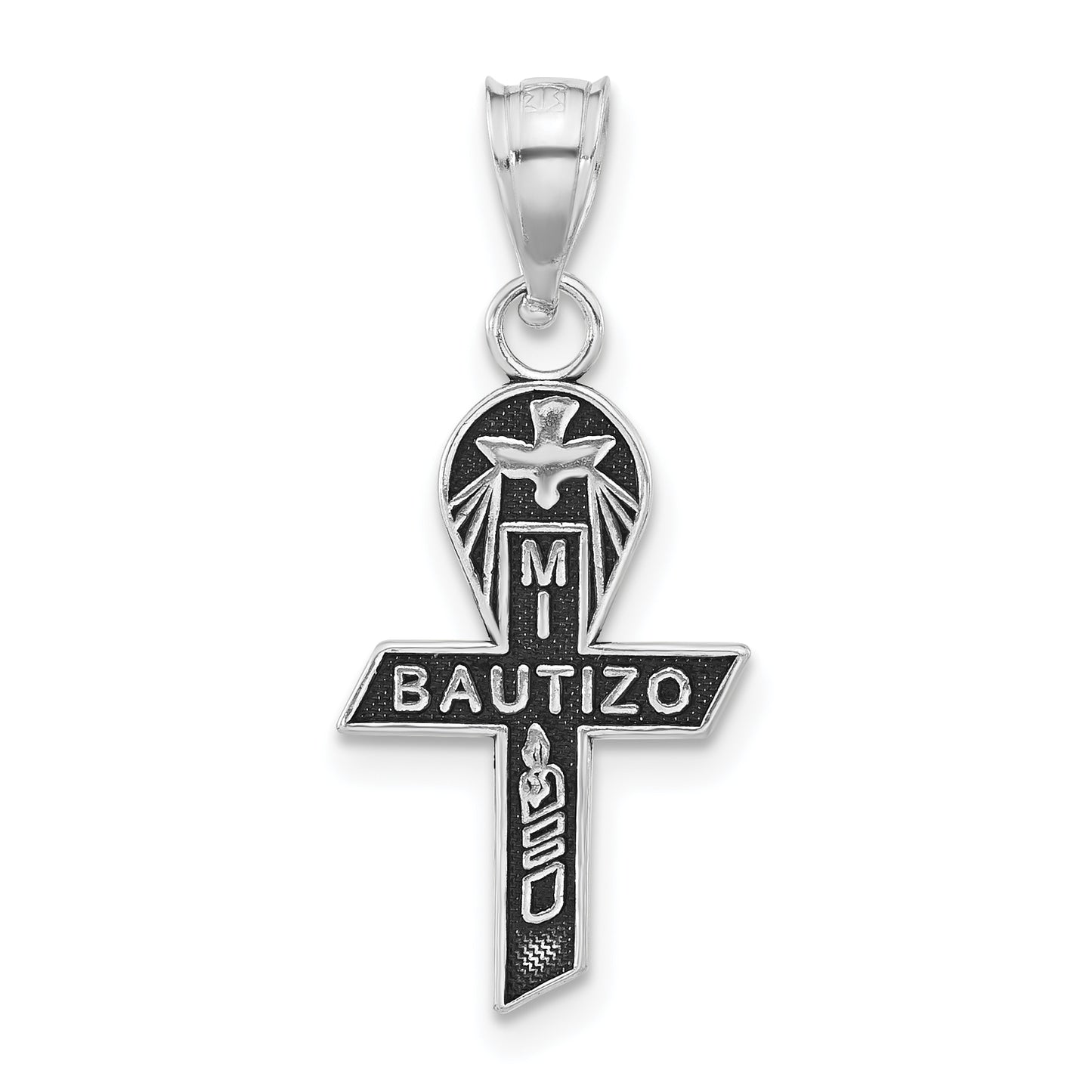 Sterling Silver Antiqued Mi Bautizo Ribbon Pendant