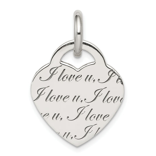 Sterling Silver Antiqued Polished 'I Love U' Engraved Heart Pendant