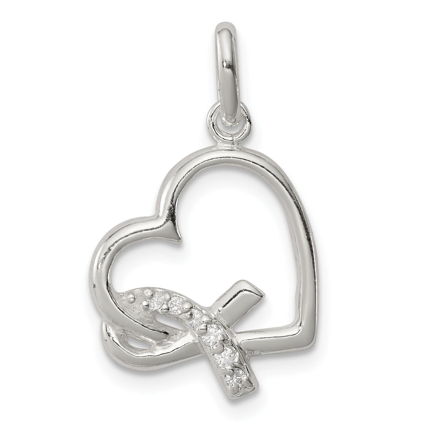 Sterling Silver Polished Heart W/ Awareness Ribbon Cz Charm