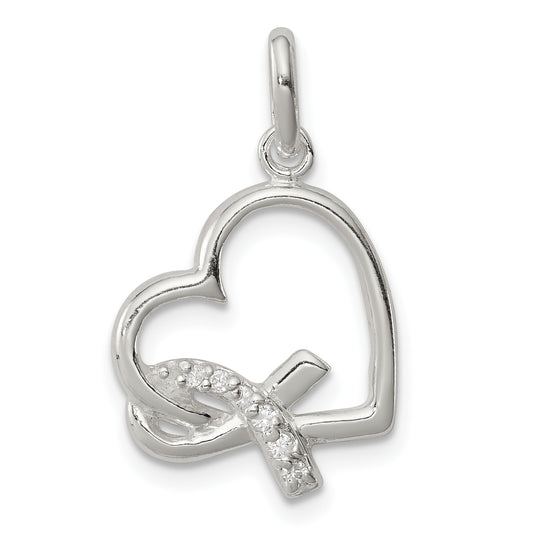 Sterling Silver Polished Heart W/ Awareness Ribbon Cz Charm