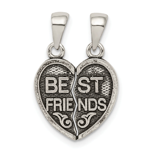 Sterling Silver Antiqued Mini Best Friends Break Away Heart Pendant