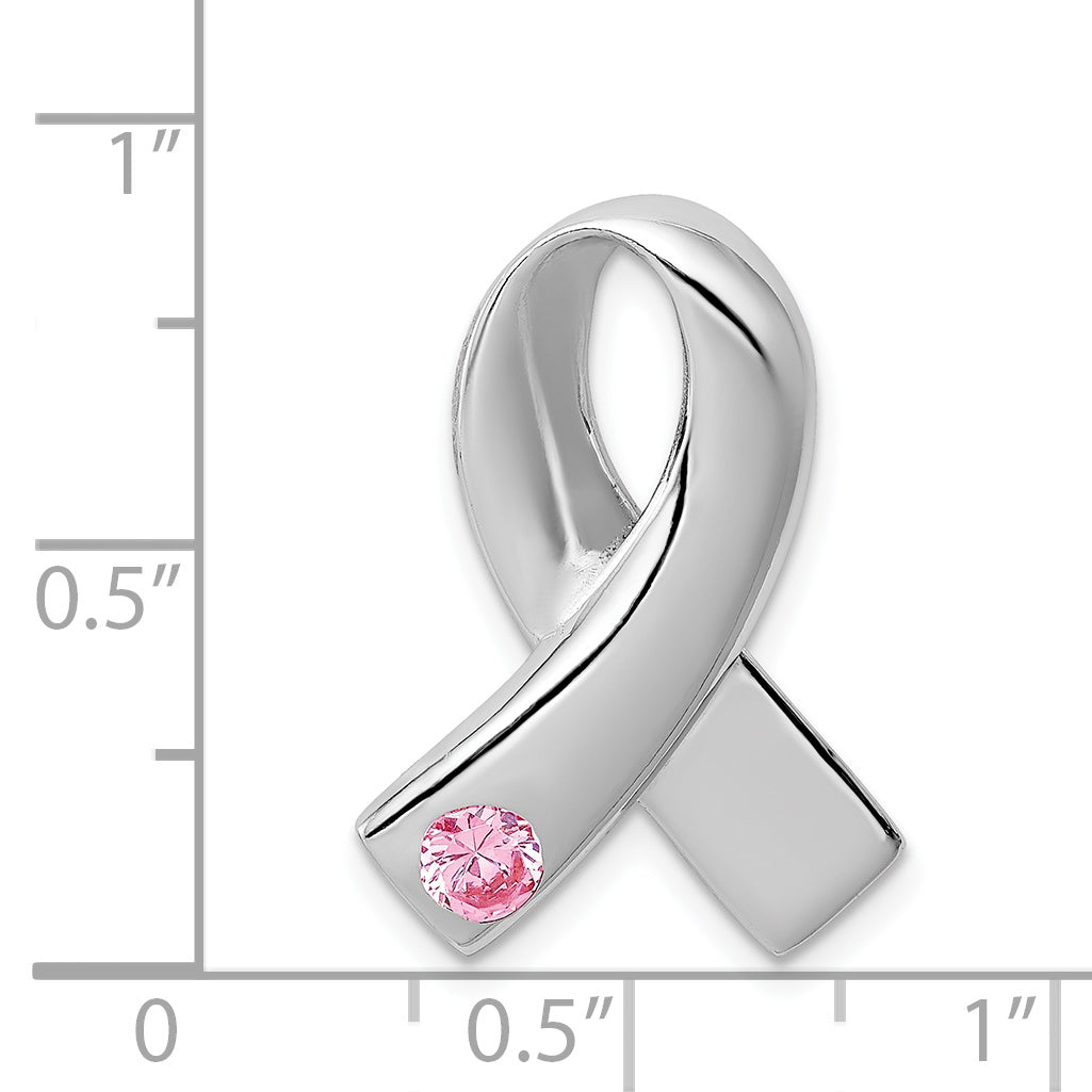 Sterling Silver Rhodium-Plated Pink Cz Awareness Ribbon Pendant