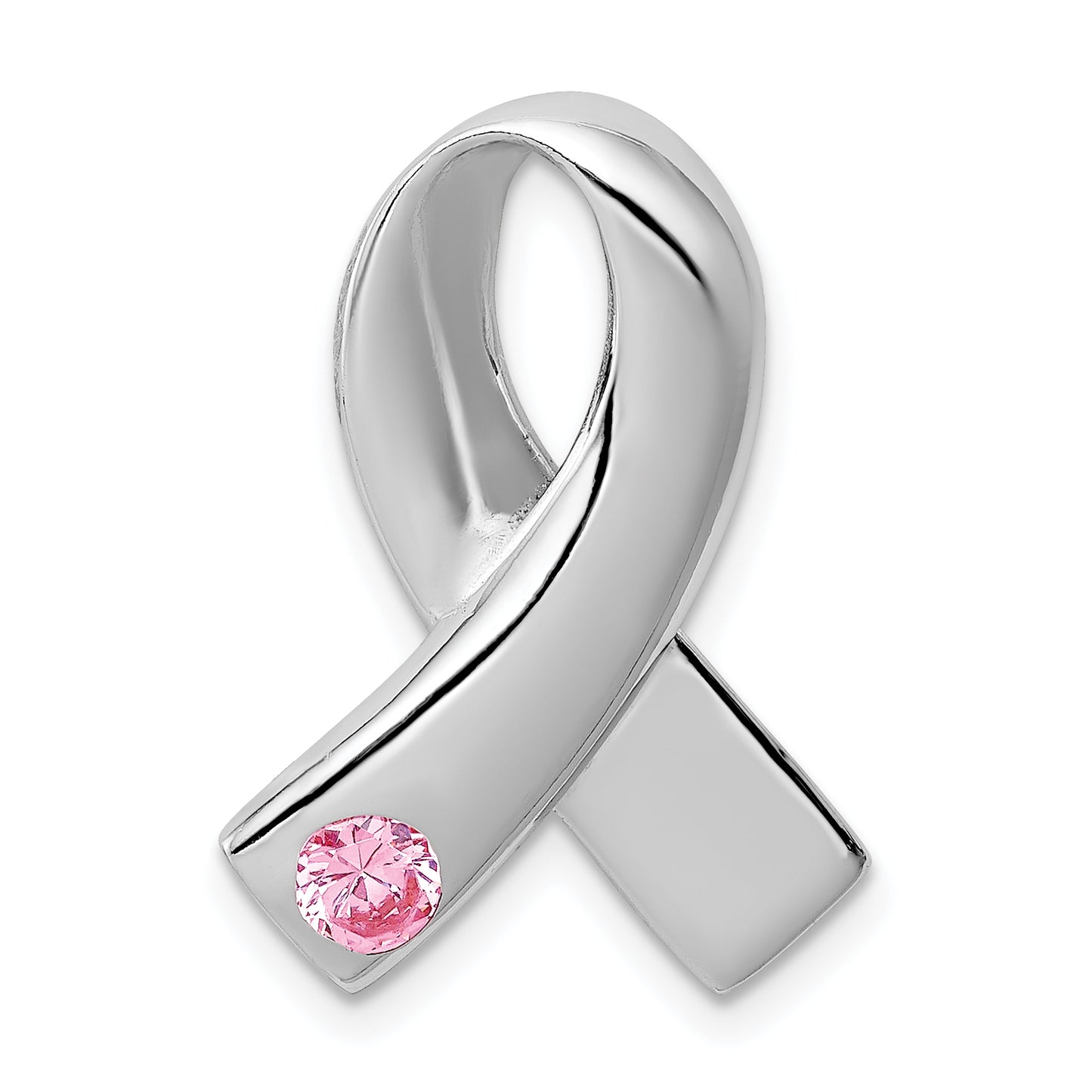 Sterling Silver Rhodium-Plated Pink Cz Awareness Ribbon Pendant