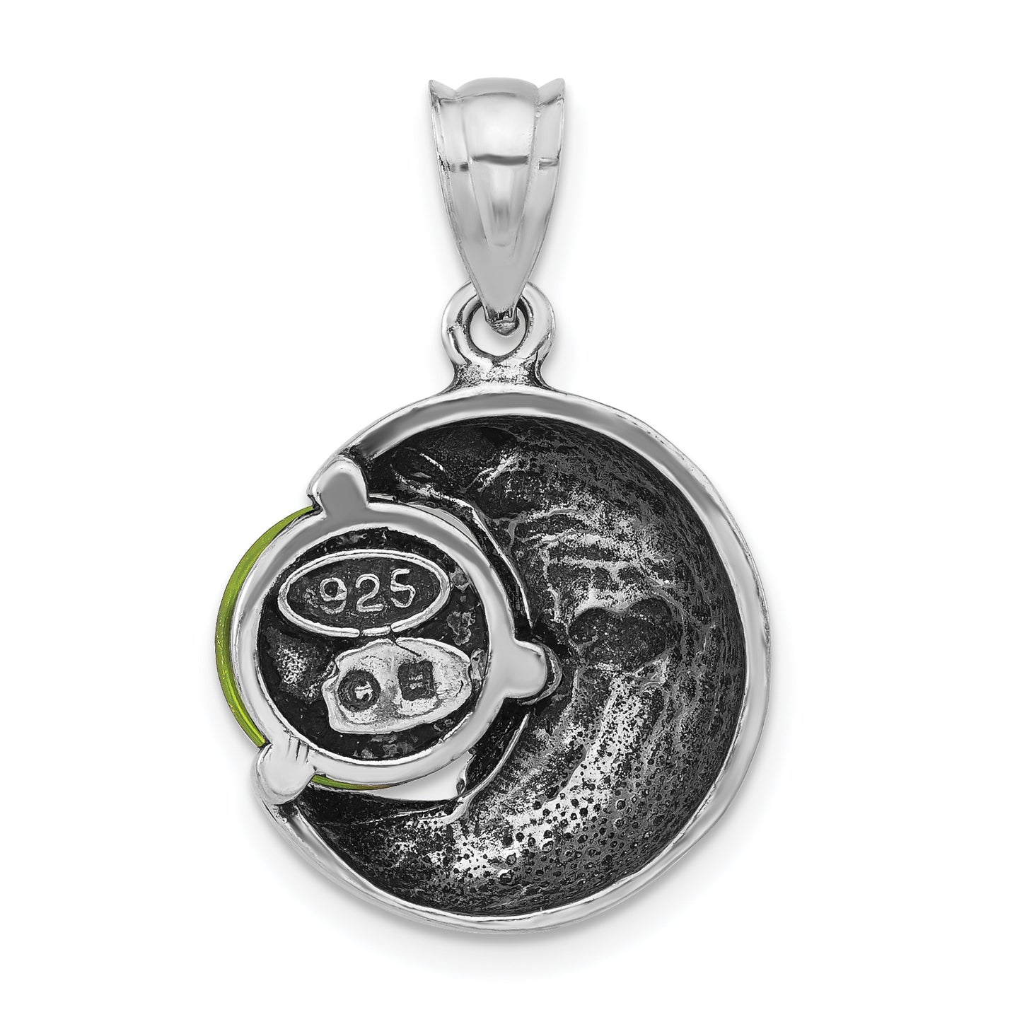 Sterling Silver Polished & Antiqued Green Glass Moon Face Pendant