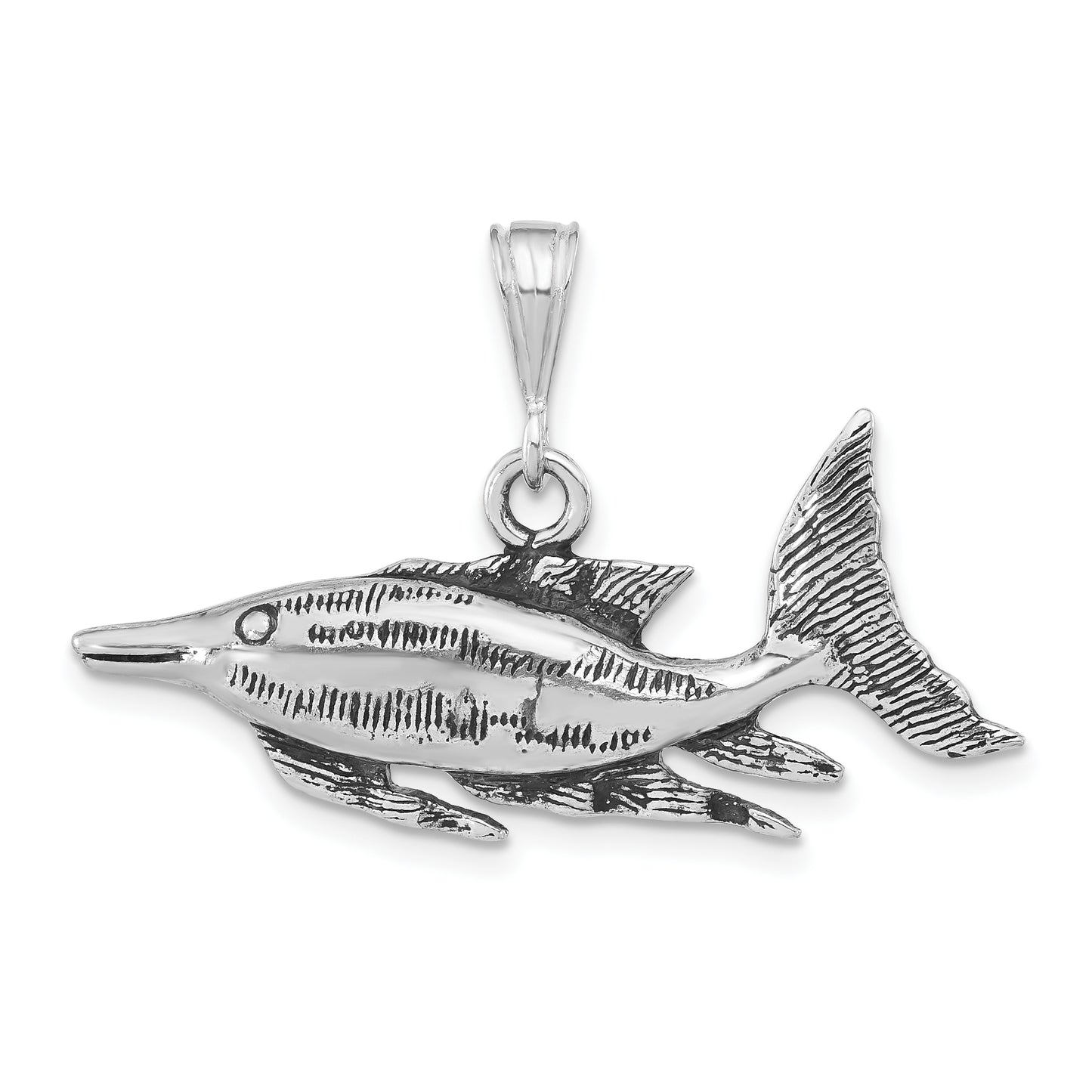 Sterling Silver Polished Antiqued & Textured Fish Pendant